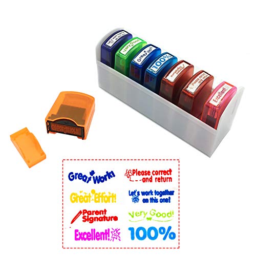 Product Cover Reliancer Colorful Self-Inking Motivation School Grading Teacher Stamp Set and Tray (8-Piece)