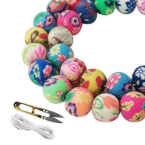 Product Cover WXBOOM 100pcs Assorted Handmade Colorful Pattern Beads Fimo Polymer Clay Round Spacer Bulk Beads with Scissors and White Cord (10mm) for Jewelry Making