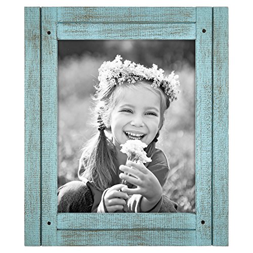 Product Cover Americanflat 8x10 Turquoise Blue Distressed Wood Frame - Made to Display 8x10 Photos - Ready to Hang - Ready to Stand - Built-in Easel