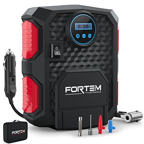 Product Cover Digital Tire Inflator for Car W/Pressure Gauge - Portable Air Compressor - Electric Auto Pump | Easy to Store - Auto Shut Off - by FORTEM - 12V DC - 3 Attachments â'¬â€œ Bonus Carrying Case