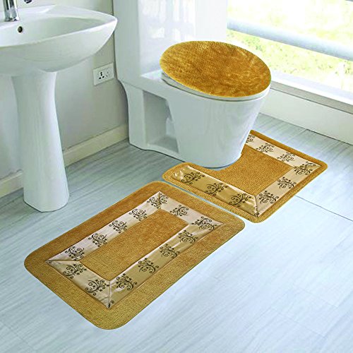 Product Cover GorgeousHomeLinen(#5) 3pc Gold Elegance Floral Bathroom Mat Set with Contour Mat Toilet Lid Cover and Bath Mat