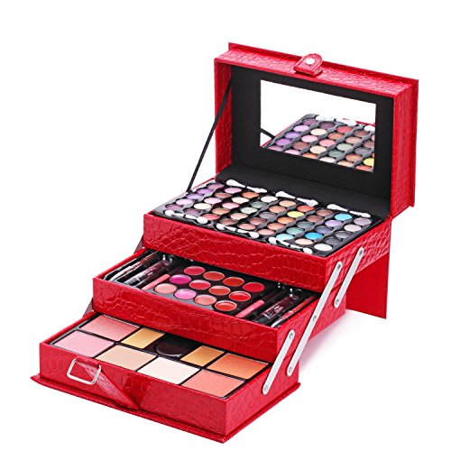 Product Cover Maùve Professional Leather Train Case with Mirror Makeup Kit (Eyeshadow, Blushes, Powder, Lipstick & More) Holiday Exclusive MU12 (RED)