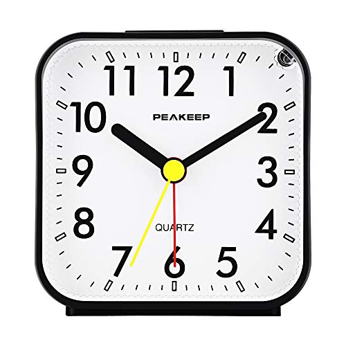 Product Cover Peakeep Small Battery Operated Analog Travel Alarm Clock Silent No Ticking, Lighted on Demand and Snooze, Beep Sounds, Gentle Wake, Ascending Alarm, Easy Set (Black)