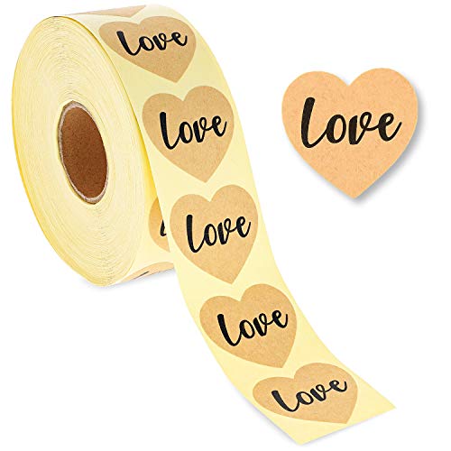 Product Cover Best Paper Greetings 1000-Piece Kraft Love Stickers Roll - Heart Labels for Wedding Envelopes, Scrapbooking, and Crafts, 1.5 Inches