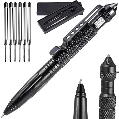 Product Cover Tactical Pen with 6 ink refill - 4 in 1 - Black Ball Point, Emergency Glass Breaker, DNA Collector, Personal Defence Device Professional Defender Writing Multifunctional Survial Tool (Black)