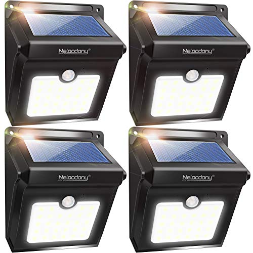 Product Cover Neloodony Solar Lights Outdoor, Wireless 28 LED Motion Sensor Solar Lights with Dark Sensing Auto On/Off, Easy Install Waterproof Security Lights for Front Door, Back Yard, Driveway, Garage (4 Pack)