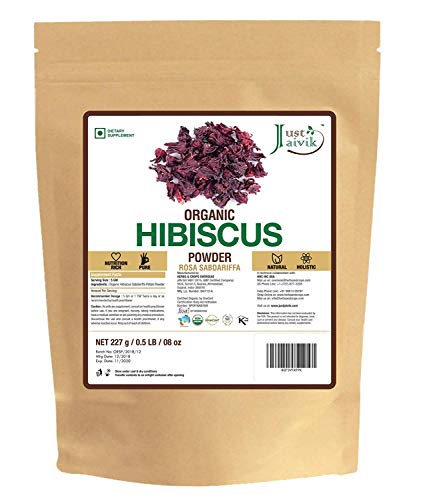 Product Cover JUST JAIVIK Organic Hibiscus Flower Powder in Biodegradable Resealable Zip Lock Pouch (08 oz)