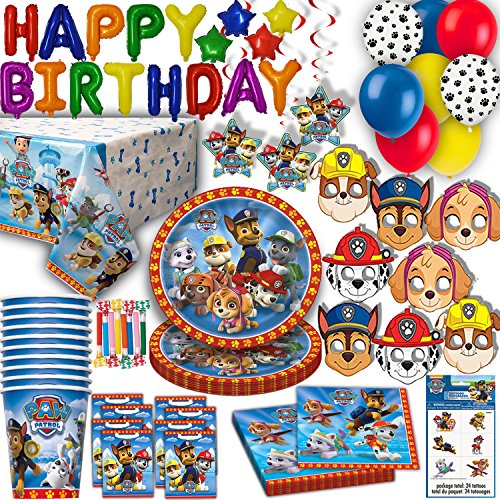 Product Cover HeroFiber Paw Patrol Party for 16 - Plates, Cups, Napkins, Balloons, Inflatable Happy Birthday Banner, Masks, Loot Bags, Hanging Swirls, Tattoos, Table Cover, Blowouts - Decorations + Supplies