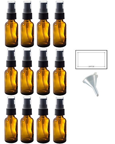 Product Cover 1 oz Amber Glass Boston Round Treatment Pump Bottle (12 pack) + Funnel and Labels for essential oils, aromatherapy, food grade, bpa free