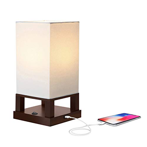 Product Cover Brightech Maxwell - Bedroom Nightstand Lamp with USB Ports - Modern Asian Table Lamp w/Wood Frame - Soft Light Perfect for Bedside - with LED bulb - Havanah Brown