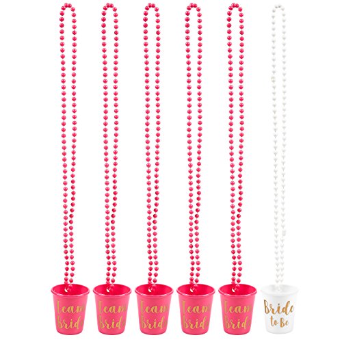 Product Cover 6-Pack Team Bride and Bride To Be Plastic Beaded Bridal Shot Glasses Necklaces - Perfect for Bachelorette, Hot Pink and White with Gold Font - 30.4 Inches Long