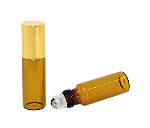 Product Cover 25 Pcs 5ML Amber Glass Roller Bottles Refillable Aromatherapy Perfume Essential Oil Roll On Bottle Container Vials Jars Tube with Metal Ball, Gold Cap
