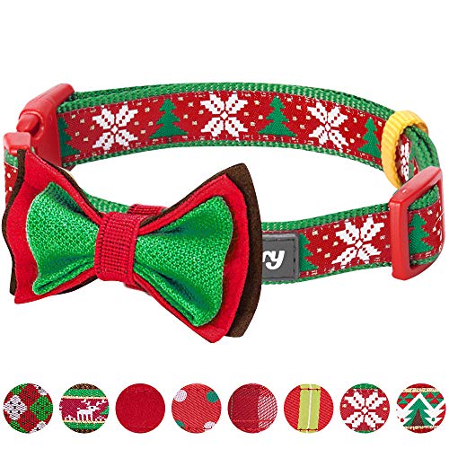 Product Cover Blueberry Pet 4 Patterns Christmas Joy Snowflakes and Trees Adjustable Dog Collar with Detachable Bow Tie, Large, Neck 18