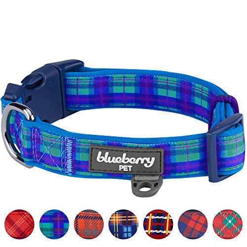 Product Cover Blueberry Pet 7 Patterns Soft & Comfy Scottish Hudson Blue Plaid Tartan Style Designer Padded Adjustable Dog Collar, Large, Neck 18