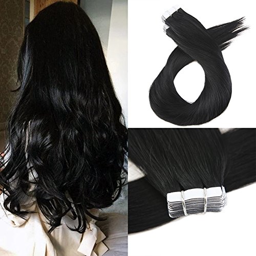 Product Cover Moresoo 16 Inch Tape Hair Extensions Human Hair 40 Pieces 100 Grams Per Pack #1 Jet Black Real Brazilian Human Hair Skin Weft Invisible Hair Extensions Glue on Hair for Women PU Tape Hair Extensions