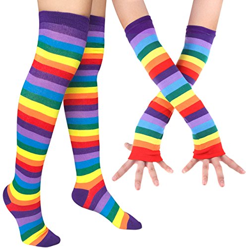 Product Cover Womens Rainbow Socks Striped Knee High Socks Arm Warmer Fingerless Gloves Set