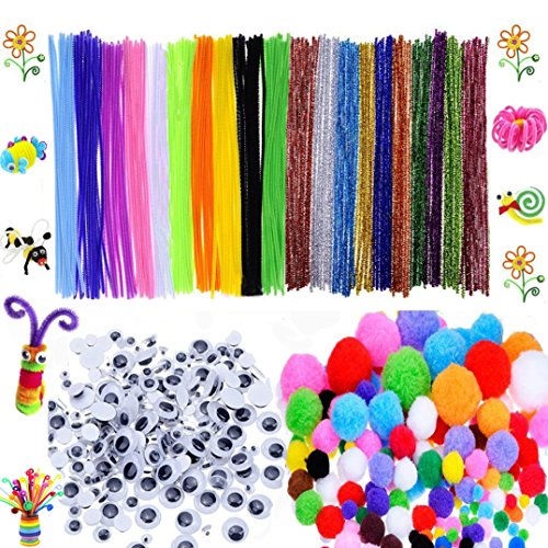 Product Cover 600 Pcs Craft Supplies Set - Pipe Cleaners Set Which Includes 200Pcs Chenille Stems, 150Pcs Self-sticking Wiggle Googly Eyes and 250Pcs Pompoms for DIY School Art Projects by BellaBetty