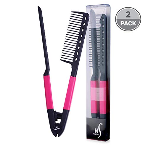 Product Cover Herstyler Straightening Comb For Hair - Flat Iron Comb For Great Tresses - Hair Straightener Comb With A Grip - Keratin Comb For Knotty Hair - Pink Hot Iron Comb To Smoothe Hair - Set of 2