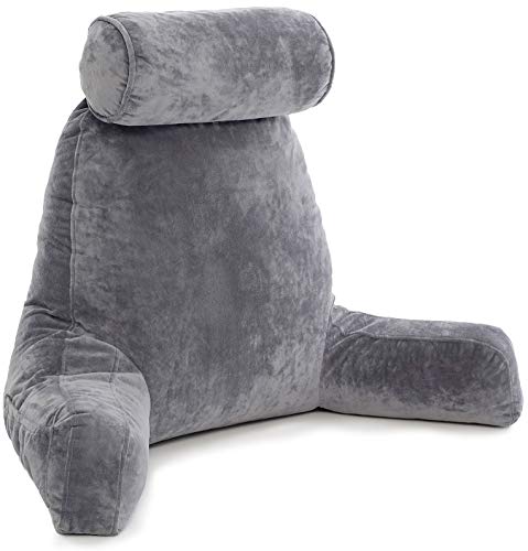 Product Cover Husband Pillow - Dark Grey, Big Backrest Reading Bed Rest Pillow with Arms, Plush Memory Foam Fill, Remove Neck Roll Off Bungee, Change Covers, Zipper On Shell of Bed Chair for Adjustable Loft