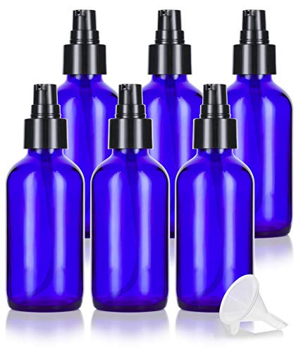 Product Cover 4 oz Cobalt Blue Glass Boston Round Treatment Pump Bottle (6 Pack) + Funnel for Essential Oils, Aromatherapy, Food Grade, bpa Free