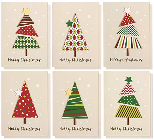 Product Cover Set of 12 Merry Christmas Greetings Cards - Handmade Christmas Cards with Assorted Xmas Tree Themes - Includes White V-Flap Envelopes, 5 x 7 Inches