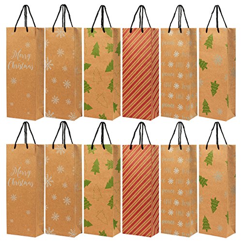 Product Cover 24-Pack Christmas Gift Wine Bags - Kraft Paper Bags, Paper Bags with Handles for Shopping, Christmas Gifts, 6 Assorted Designs - 15.3 x 3.2 x 5.5 Inches