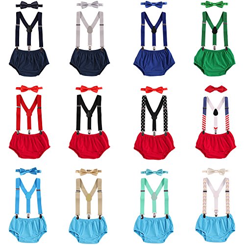 Product Cover Baby Boys First Birthday Adjustable Y Back Elastic Clip Suspenders Cake Smash Outfit Tuxedo Pre-tied Bloomers Bowtie set