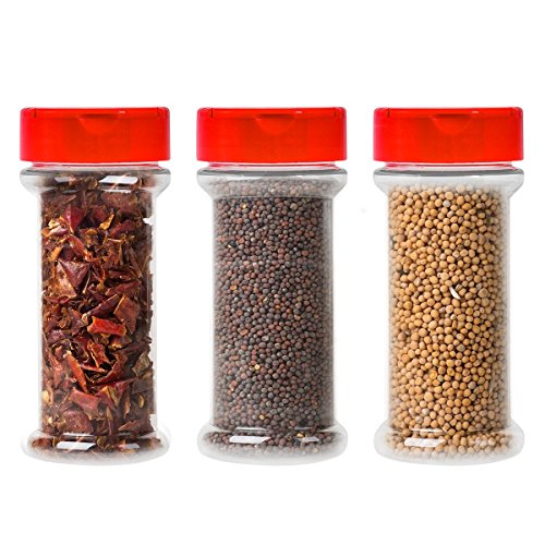 Product Cover 12-Pack Clear Plastic Spice Jars Storage Container Bottle-7 Oz -Flap Cap to Pour or Shaker/Sifter- Pressure Sensitive Liner to store Spice,Herbs-BPA free (12, red caps)