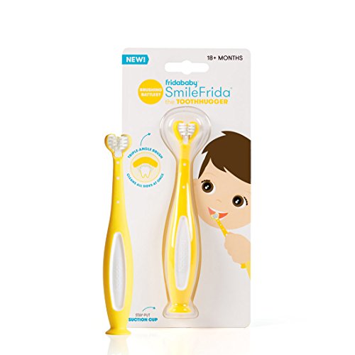Product Cover FridaBaby SmileFrida The ToothHugger, The 3-Sided Toddler Tooth Hugging Toothbrush Designed to Clean All Sides of The Teeth at Once, Yellow