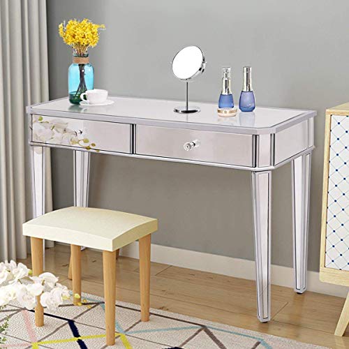 Product Cover Tangkula Mirrored Makeup Table Desk Vanity for Women with 2 Drawers Home Office Smooth Silver Finish Vanity Dressing Table for Women Large Storage Drawers Writing Desk Modern Media Console Table
