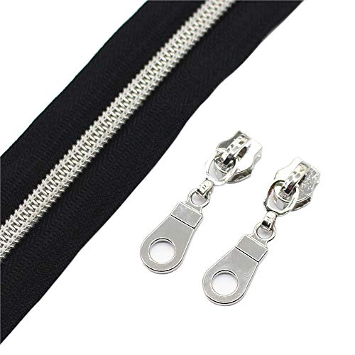 Product Cover YaHoGa #5 Silver Metallic Nylon Coil Zippers by The Yard Bulk Black 10 Yards with 25pcs Sliders for DIY Sewing Tailor Craft Bags (Silver Black)