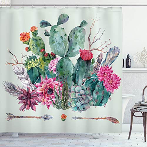 Product Cover Ambesonne Cactus Shower Curtain, Spring Garden with Boho Style Bouquet of Thorny Plants Blossoms Arrows Feathers, Cloth Fabric Bathroom Decor Set with Hooks, 75
