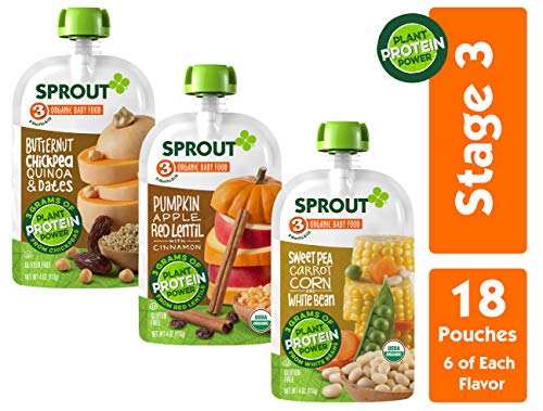Product Cover Sprout Organic Stage 3 Baby Food Pouches w/ Plant Powered Protein, Variety Pack, 4 Ounce (Pack of 18) 6 of Each: Butternut Chickpea Quinoa Date, Pumpkin Apple Lentil & Sweet Pea Corn Carrot White Bean