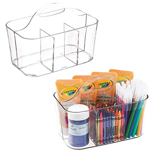 Product Cover mDesign Plastic Portable Craft Storage Organizer Caddy Tote, Divided Basket Bin for Craft, Sewing, Art Supplies - Holds Paint Brushes, Colored Pencils, Stickers, Glue, Yarn - Small, 2 Pack - Clear