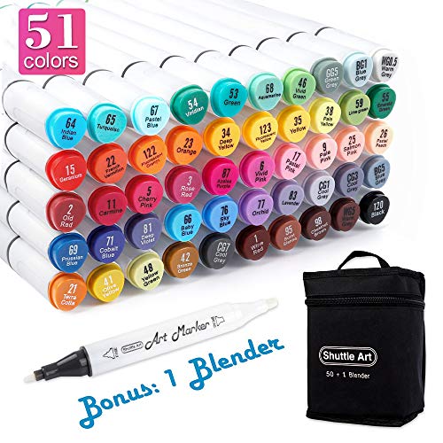 Product Cover Shuttle Art 51 Colors Dual Tip Alcohol Based Art Markers, 50 Colors plus 1 Blender Permanent Marker Pens Highlighters with Case Perfect for Illustration Adult Coloring Sketching and Card Making