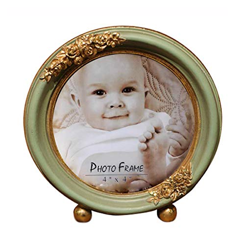 Product Cover SIKOO 4x4 Mini Vintage Distressed Round Picture Frame Baby Tabletop and Wall Hanging Family Photo Frame Antique Home Decor,  Green