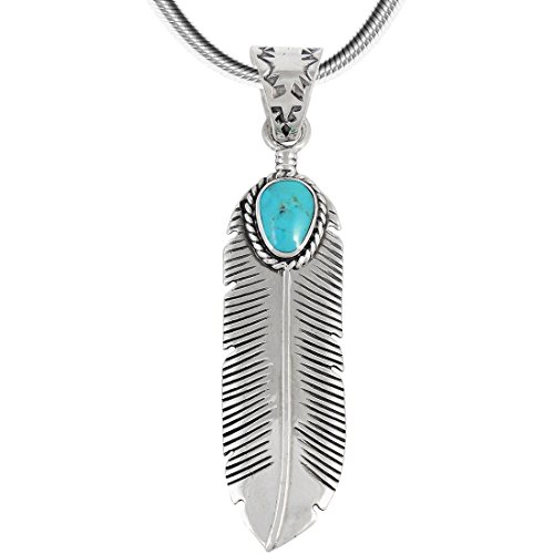 Product Cover Turquoise Feather Pendant Necklace in Sterling Silver 925 & Genuine Turquoise (Medium Turquoise)