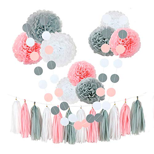 Product Cover CHOTIKA 23 pcs Tissue Flowers Pom Poms Party Girl Paper Decorations First Birthday Girl Tissue Flowers Tassel Paper Baby Shower Decorations Supplies Kits Paper (Pink-White-Grey)