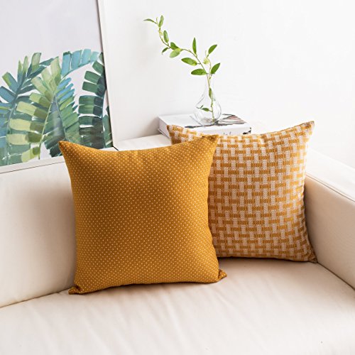 Product Cover Home Brilliant 2 Pack Faux Linen Pillow Covers Cases Dots and Checkers Plaids Textured Spring Home Decor Square Yellow Throw Pillow Covers Cushion Cover for Couch, 18 x 18in(45cm)