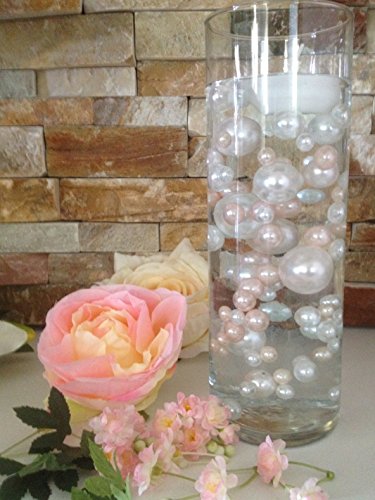 Product Cover Vase Filler Pearls for Floating Pearl Centerpieces, 80 Blush Pink & White Pearls Jumbo & Mix Size No Hole Pearls, (Transparent Gel Beads Required to Create Floating Pearls Sold Separately)