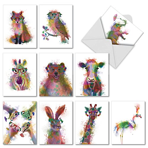Product Cover Funky Rainbow Wildlife, Box of 10 Blank Watercolor Note Cards with Envelopes - All Occasion Blank Greeting Cards - Cute Animal Thank You Notecard, Appreciation Stationery 4 x 5.12 Inch M4948OCB-B1x10