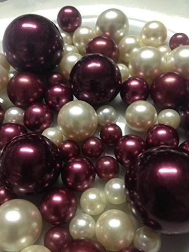 Product Cover Vase Filler Pearls for Floating Pearl Centerpieces, 80 Burgundy & Ivory Pearls Jumbo & Mix Size Pearls, (Transparent Gel Beads Required to Create Floating Pearls Sold Separately)