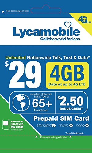 Product Cover Lycamobile $29 Plan 1st Month Included SIM Card is Triple Cut Unlimited Natl Talk & Text to US and 65+ Countries 4GB Of 4G LTE