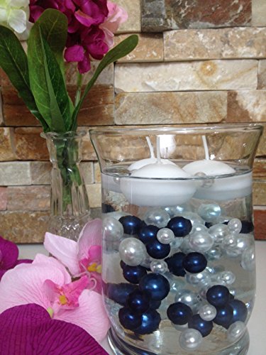 Product Cover Vase Filler Pearls for Floating Pearl Centerpieces, 90 Navy Blue & White Pearls Mix Size No Hole Pearls, (Transparent Gel Beads Required to Create Floating Pearls Sold Separately)