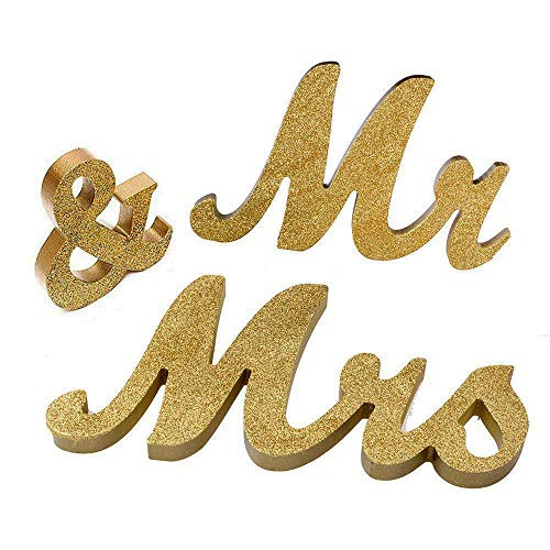 Product Cover Marsheepy Mr and Mrs Signs Wedding Sweetheart Table Decorations, Wooden Freestanding Letters Wedding Shower Gift (Gold)