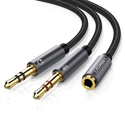 Product Cover UGREEN Headphone Mic Splitter Cable 3.5mm 2 Male to Female (2x3 Pin to 4 Pin) Smartphone Headset with Mic and Speaker Combo to PC Adapter for Separated Mic and Audio Ports Computer Laptop (Black)