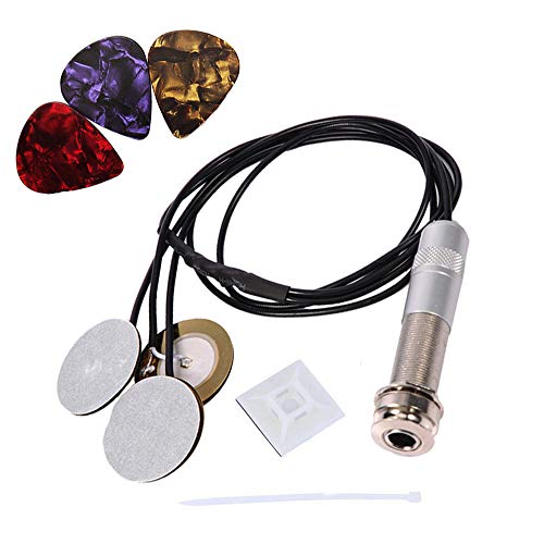 Product Cover Self-adhesive Pickups Piezo Transducer with 6PCS Celluloid Guitar Picks, 3 in 1 Microphone Contact & Endpin Jack 1/4