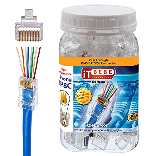 Product Cover ITBEBE Gold Plated RJ45 cat5, cat5e 100 Pieces Pass Through 8P8C, 3 Micron 3u 3 Prong Premium Connectors