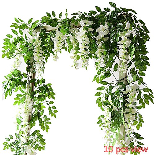 Product Cover Miracliy Artificial Flowers Vine 2 Pcs 6.6ft Fake Silk Wisteria Ivy Vine Rattan Hanging Garland for Home Party Wedding Decor, White