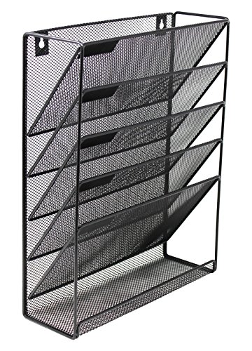Product Cover Executive Office Solutions Mesh Wall Mounted Hanging Document & File Organizer - 5 Compartment Vertical Magazine Rack & Mail Sorter/Holder Tray - Black (WF-1)
